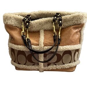 Coach Brown & Tan Signature Canvas, Off White Sherpa & Tan Leather Handbag COA